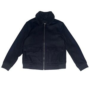 H&M Black Wool Heavy Winter Zip-Up Jacket Large Pockets Faux Fur Neckline Coat